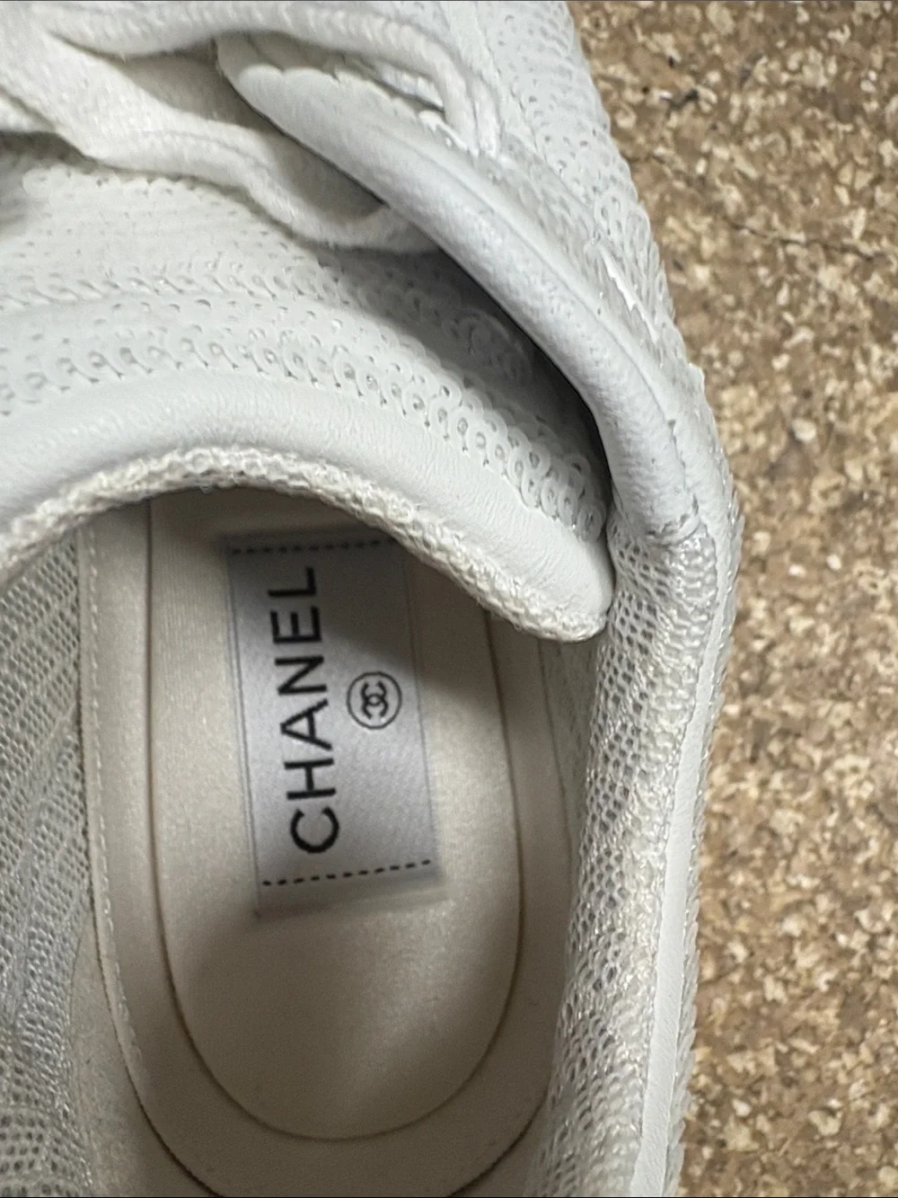 CHANEL White Sequined Lace-Up Sneakers - Women's